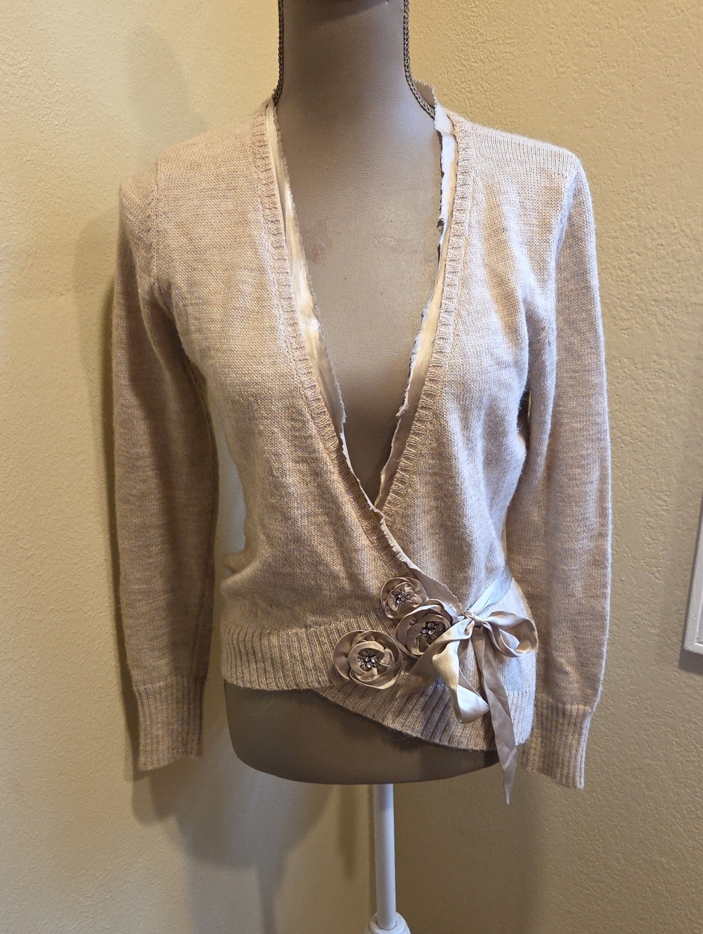 Nougat London Alpaca Blend Cream Wrap Cardigan with Ribbon Floral Accents